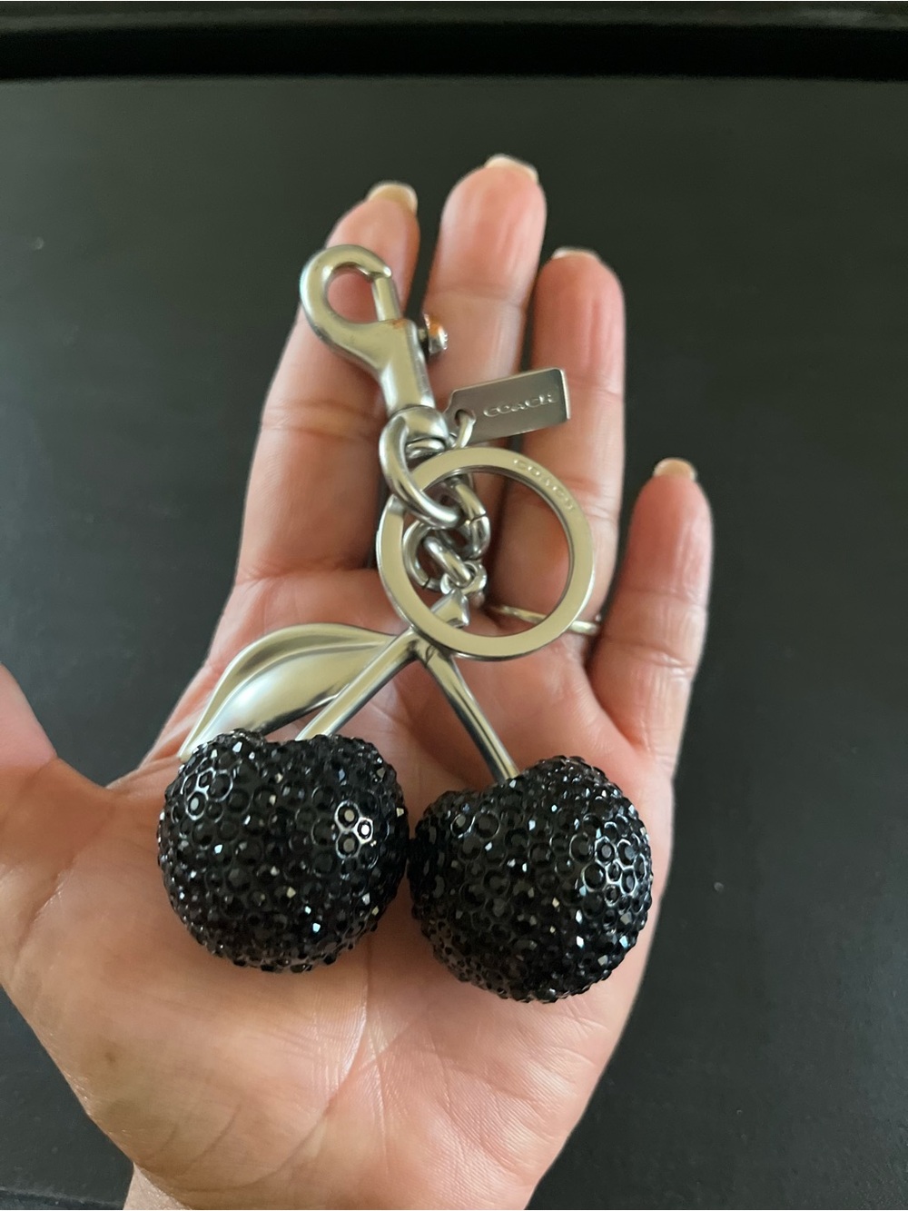 Coach Crystal Cherry cherries Bag Charm Keychain Fob Silver Black CCD32